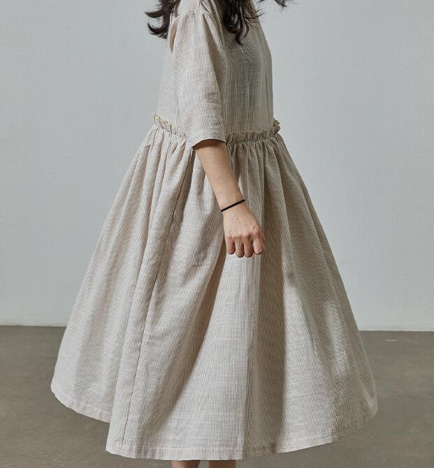 荷葉邊拼接設計感麻棉色織布條紋連衣裙